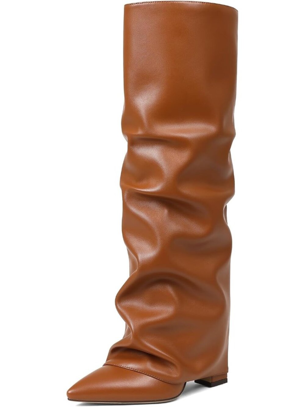 Women's Brown PU Knee High Boots Wide Calf Chunky High Heel Boots Pointed Toe - Picture 4 of 6